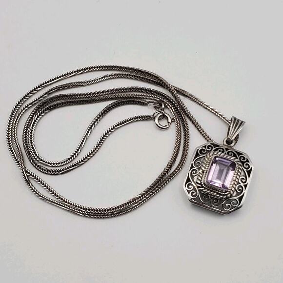 Vintage 925 Sterling Silver Art Deco Filigree Amethyst Gemstone Necklace 24" - Picture 8 of 12